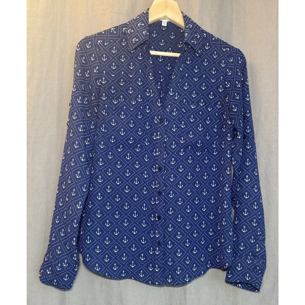 Express Portofino Anchor Nautical Print Shirt Size Xsmall Roll Tab Sleeve